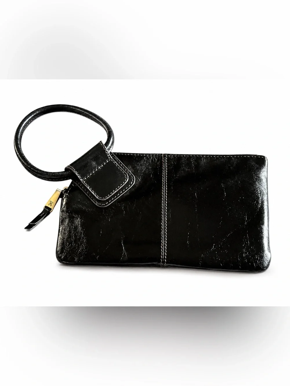 NWOT HOBO Sable Polished Black Leather Wristlet Clutch Ring Handle